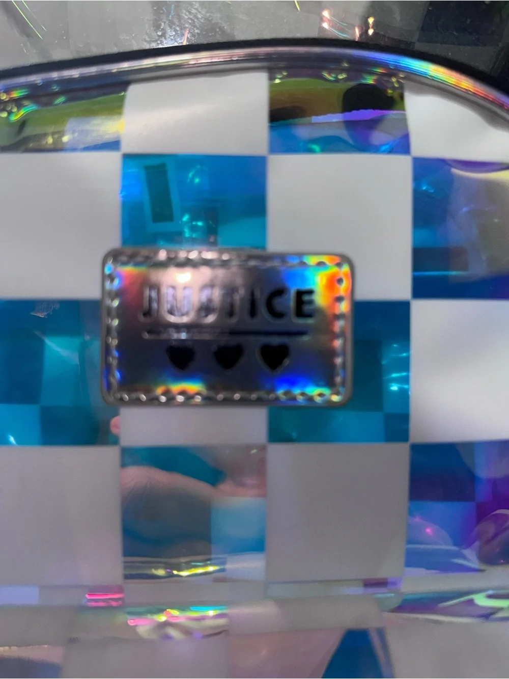 Justice Holographic Blue and White Checkered Mini Backpack